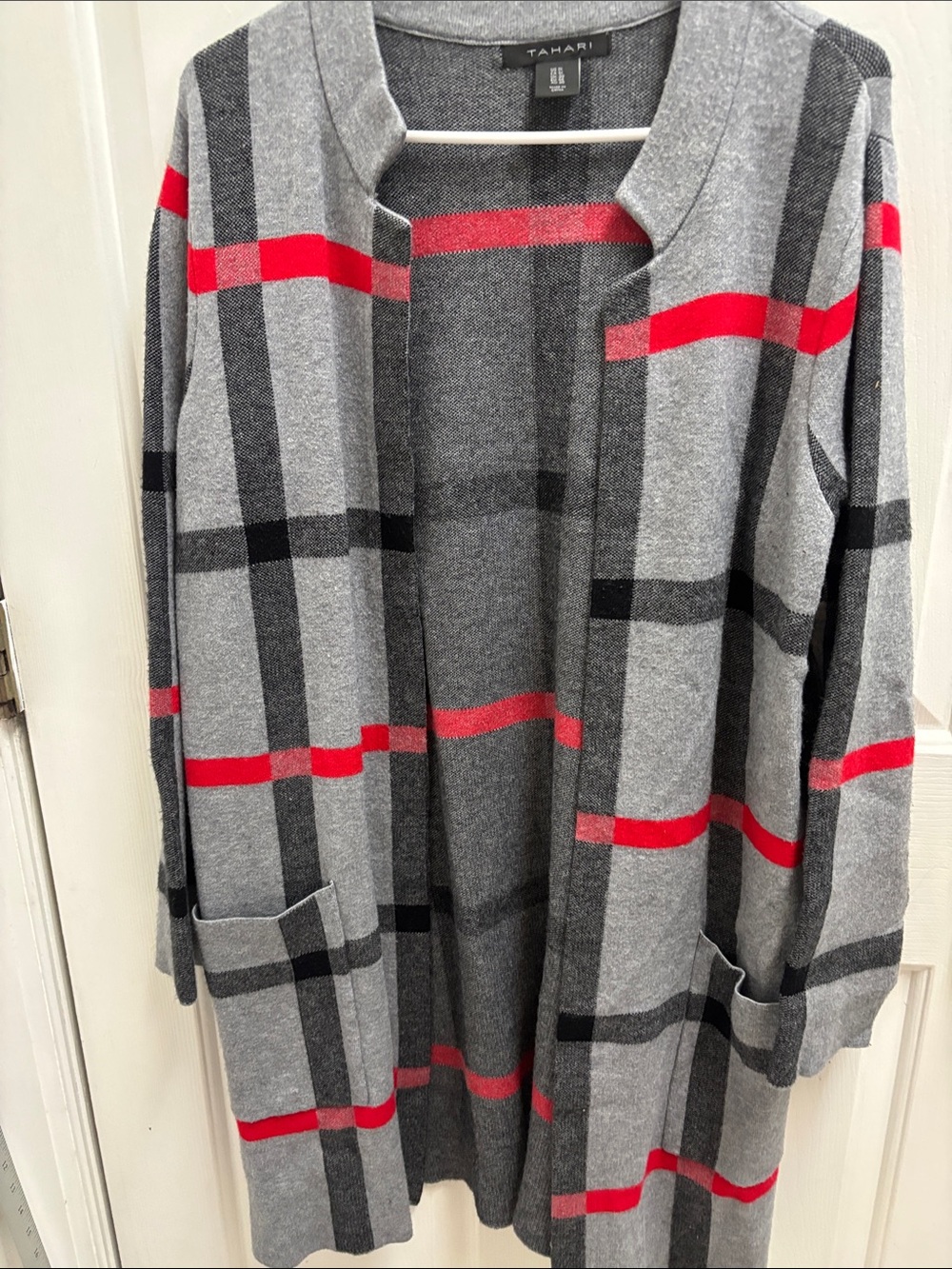 Tahari Gray Plaid Open Cardigan with Red Stripes